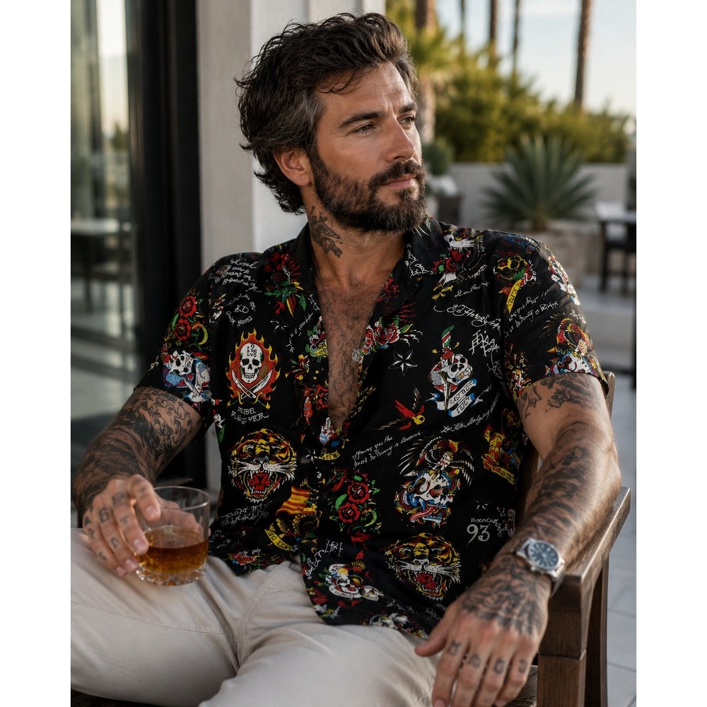 Ed Hardy Medium Shirt Tattoo Print Button Up Black Tiger Skulls Snake Rose #1171